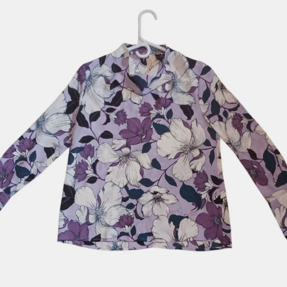 Worthington Blouse Womens X Small Purple Floral Long Sleeve Cowl Artsy Shirt Top - Picture 13 of 16
